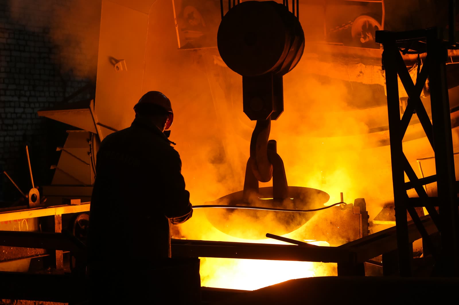 Steel ladle on an overhead crane in a steel plant