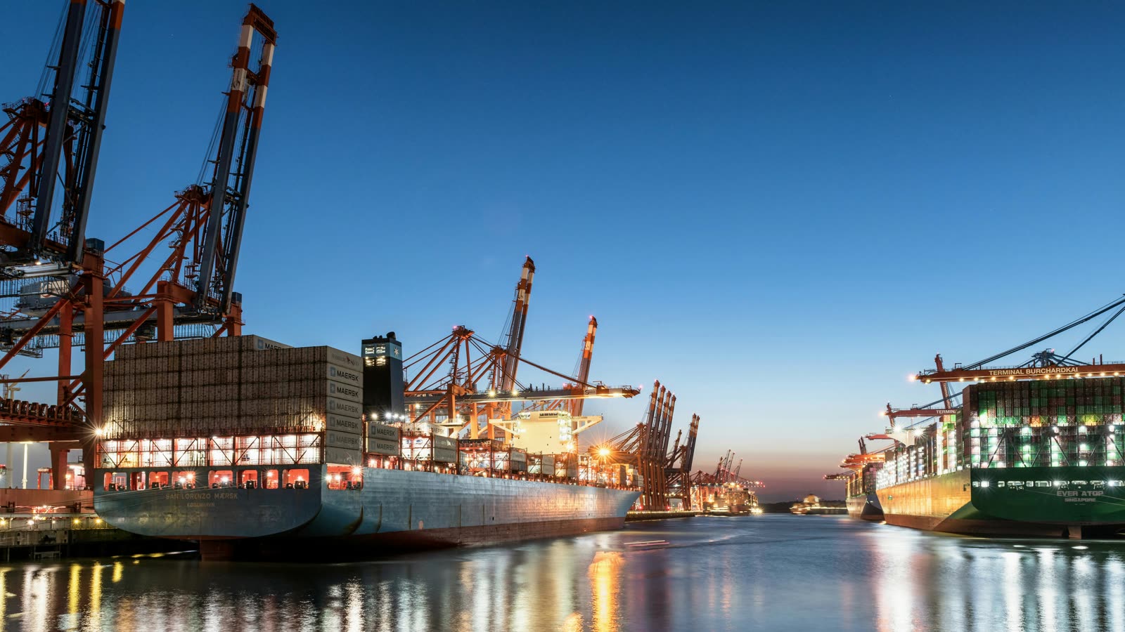 Container port terminal at dusk